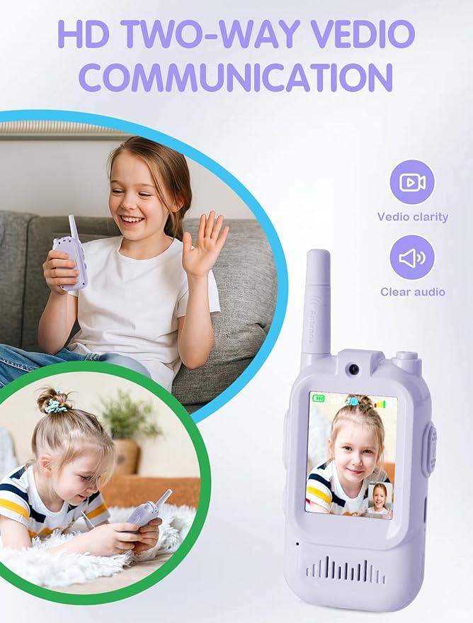 Walkie Talkie for Kids with Video: 2 Pack Rechargeable Toddler Toys with HD Camera & Voice Changer, Long Range Gift Toys for Boy & Girl Age 3-8 for Outdoor Play, Camping (Purple-Purple)