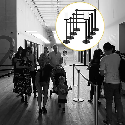 Therwen 8 Pcs Stanchions with 8.2 ft Retractable Belt Black Crowd Control Stanchions Set and Stanchion Post Sign Easy to Assemble Line Dividers Queue Ropes for Theaters, Weddings, Exhibitions