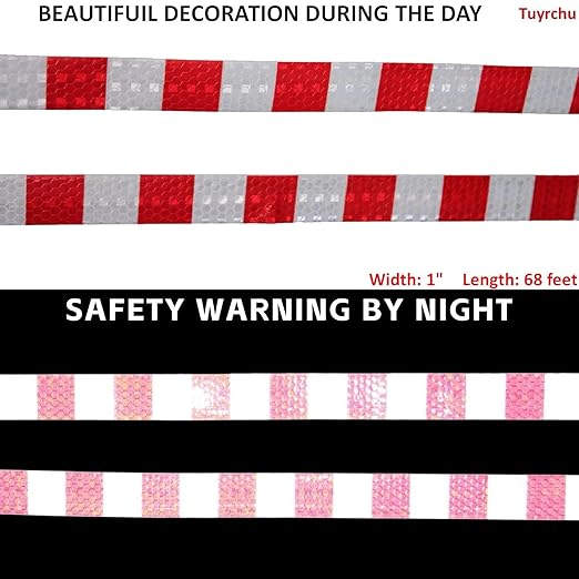 Reflective Tape Red White 1 Inch x 68 Feet, Warning Conspicuity Reflector, Night Safety Sticker for Car Trailer Clothing