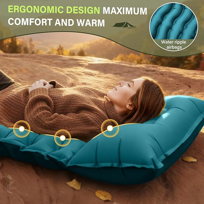 Camping Sleeping Pad, Ultralight Camping Pad with Pillow Built-in Foot Pump Inflatable Sleeping Mat Compact for Camping Backpacking Hiking Traveling