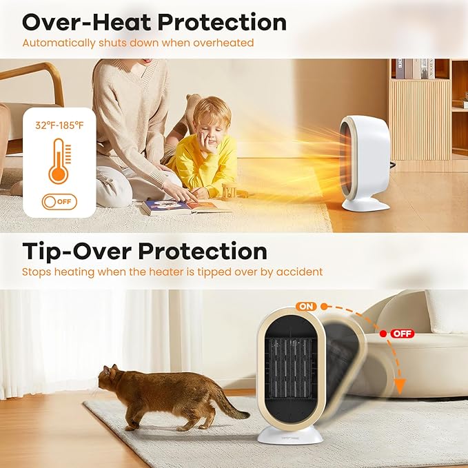 Space Heater, 800W Fast Heating Ceramic Small Heater, Portable Energy Efficient Space Heaters, Two-Speed Mini Desk Ceramic Heaters with Adjustable, Overheating Protection, Dumping Shutdown (White)