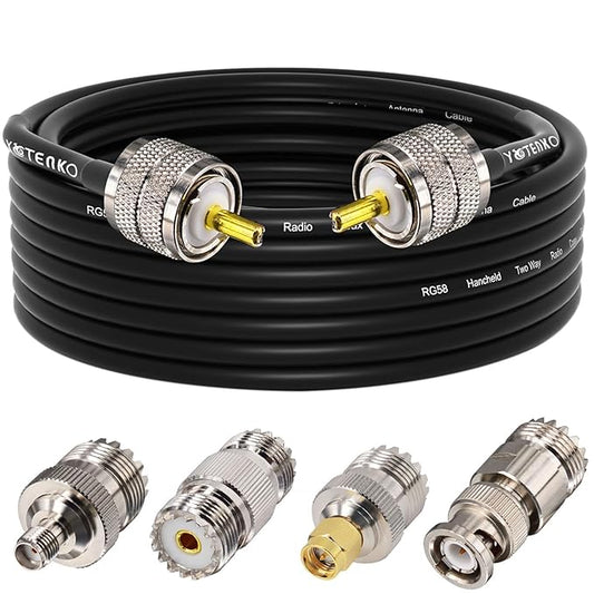 Ham Radio Coax Cable 20FT RG58 Coaxial Cable 50 Ohm, PL259 Male to Male Coax + 4-Pack Adapter UHF SO239 Female to SMA/UHF/BNC, for CB, Amateur, Ham Radio