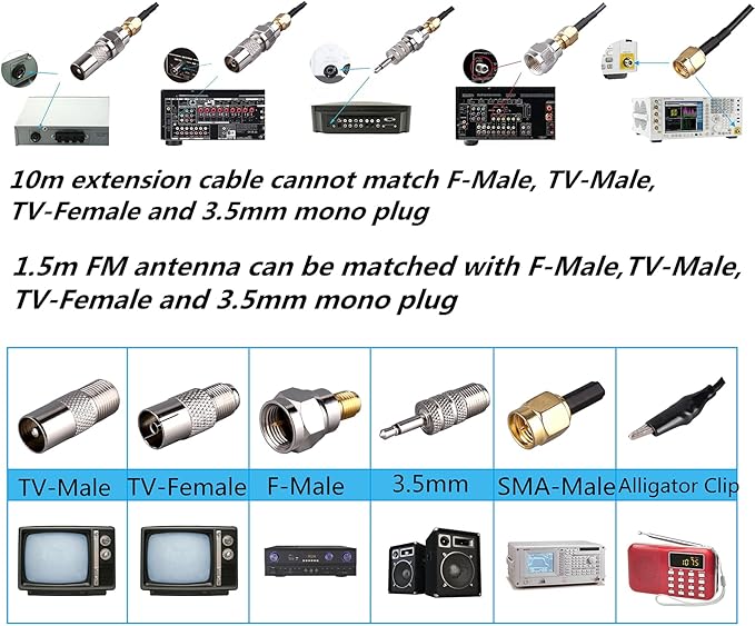 Portable Radio Signal Antenna SMA-Male, Outdoor TV FM Stereo Antenna,33Ft Ultra-Low Loss Coax Signal Extension Cable with 6pcs Universal Antenna Adapter for FM Radio Portable TV