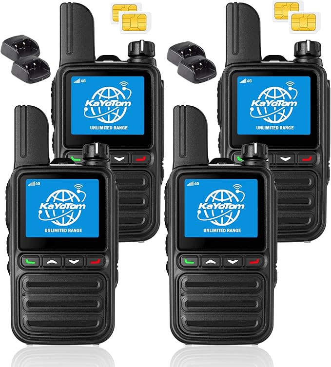 KAYOTOM Lifetime Free Global Walkie Talkies Unlimited Range PTT Push-to-Talk Over Cellular Nationwide 5000 Miles POC 4G Handheld Long Range Two Way Radio for Team (with Charge Dock, 4-Packs)