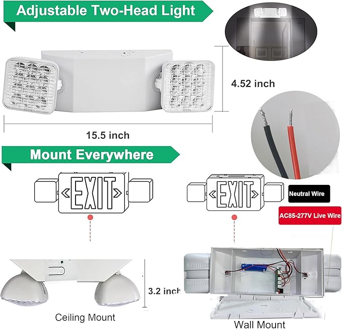 12 Pack Commercial LED Emergency Lights Fixture, Hardwired LED Emergency Light with Battery Backup Emergency Lights for Business, Two Adjustable Head Emergency Exit Sign Lighting, Wall Mount