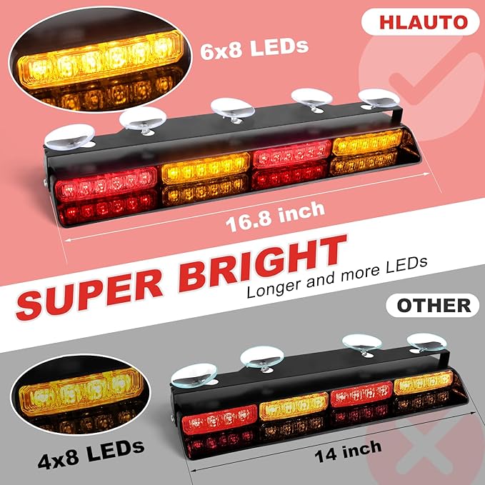 HLauto 604N Emergency Dash Strobe Lights: 2x16.8 inch Amber Red Security Light w/Take Down, 48 LED Safety Flashing Warning Hazard Interior Windshield Light Bar for Trucks Vehicles
