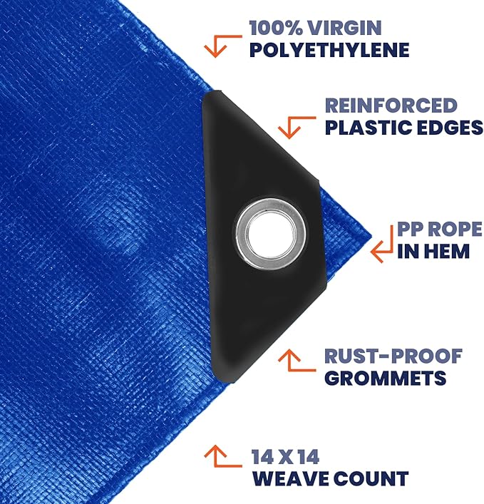Tarpco Safety Extra Heavy Duty 14 Mil Tarp Cover, Waterproof, UV Resistant, Rip and Tear Proof, Poly Tarpaulin with Reinforced Edges for Roof, Camping, Patio, Pool, Boat (Blue 30′ X 70′)