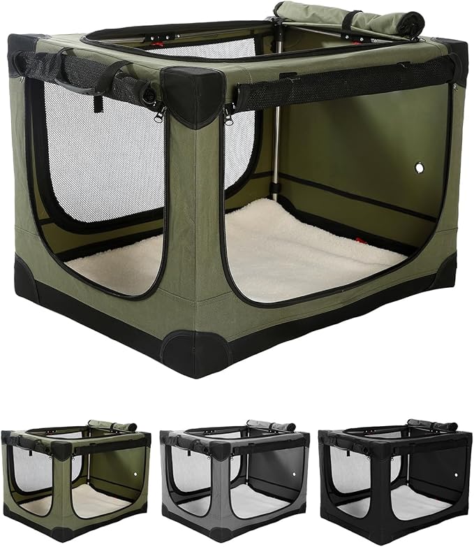 30 Inch Collapsible Travel Dog Crate for Medium Large Dogs, Portable Dog Crate 4-Door Foldable Soft Kennel with Durable Mesh Windows for Indoor & Outdoor Travel, with Storage Bag,Green