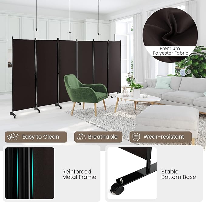 Giantex 6 Panel Room Divider, 132''W x 68''H Large Folding Privacy Screen, Rolling Partition Room Dividers for Home Office Studio Separation, Freestanding Fabric Wall Divider Screen on Wheels, Brown