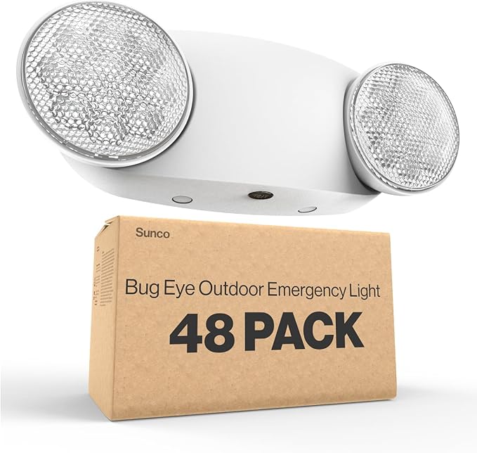 Sunco 48 Pack Emergency Light Outdoor LED, Backup Battery, Two Adjustable Bug Eye Head Lights, 94V-0 Fire Resistant, 6500K, 200 Lumens 120-277V, 2W, Wall Mount, White UL