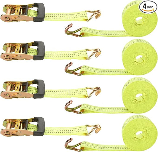 HNBun4 Pack Ratchet Tie Down Straps, 1.5 Inch x 20 Feet, 4,400 lbs Break Strength, Heavy Duty Cargo Lashing Straps with Double J Hooks for Moving, Trailer, Motorcycle, Orange