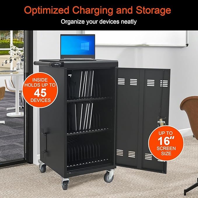 45 Devices Laptop Charging Cart,Tablet Storage Carts for pad Up to 16.3" Screen Size, Classroom Computer Mobile Charging Station for Pads, Chromebooks,Laptops, Security Storage(45 Bay-Black)