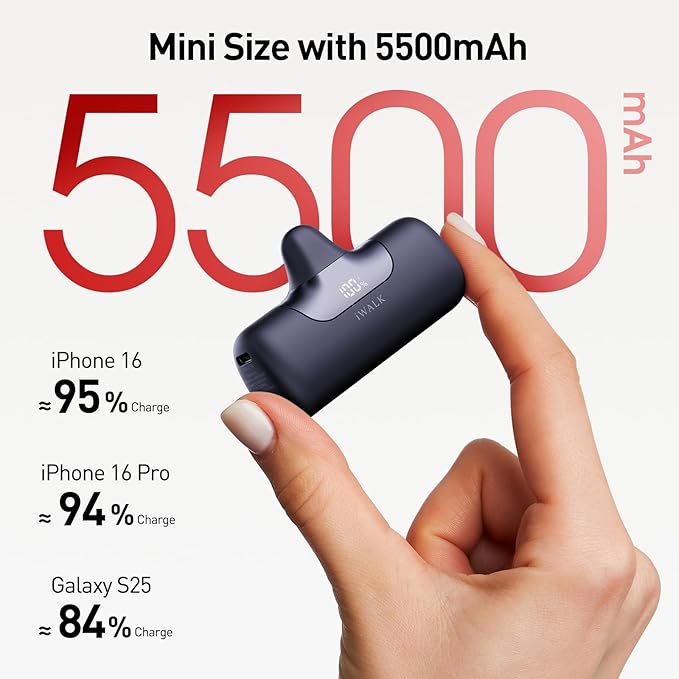 iWALK Portable Charger 5500mAh Next-Gen Small Power Bank 22.5W Fast Charging Battery USB-C Portable Phone Charger for iPhone 17/16/15 17 Plus 17 Pro Max iPad, Samsung Galaxy S25 S24 S23 Android, Black