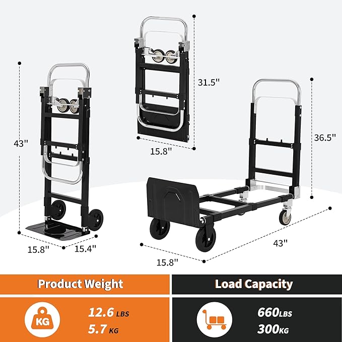 2 in 1 Convertible Hand Truck Dolly, 660 LBS Load Capacity Folding Cart with Wheels, Elastic Straps, Carbon Steel Collapsible Dolly Cart for Home, Warehouse, Supermarket, Office