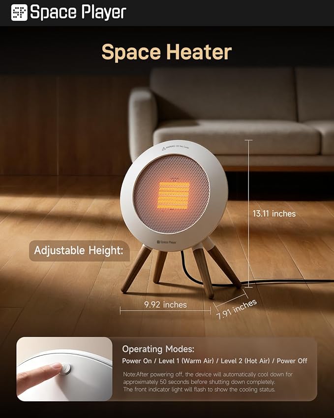 SpaceHeater, 2025 Upgraded Portable Electric Heater for Indoor Use with Thermostat, 2 Modes, 1000W Energy-Saving Model, PTC Ceramic Fast & Safe Heating, Built-in Overheat Protection