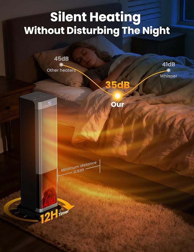 Space Heaters for Indoor Use, 1500W PTC Ceramic Electric Heater with Thermostat, Room Temperature Display, 70° Oscillation, Remote Control, 12H Timer, Quiet Portable Heater for Office Bedroom