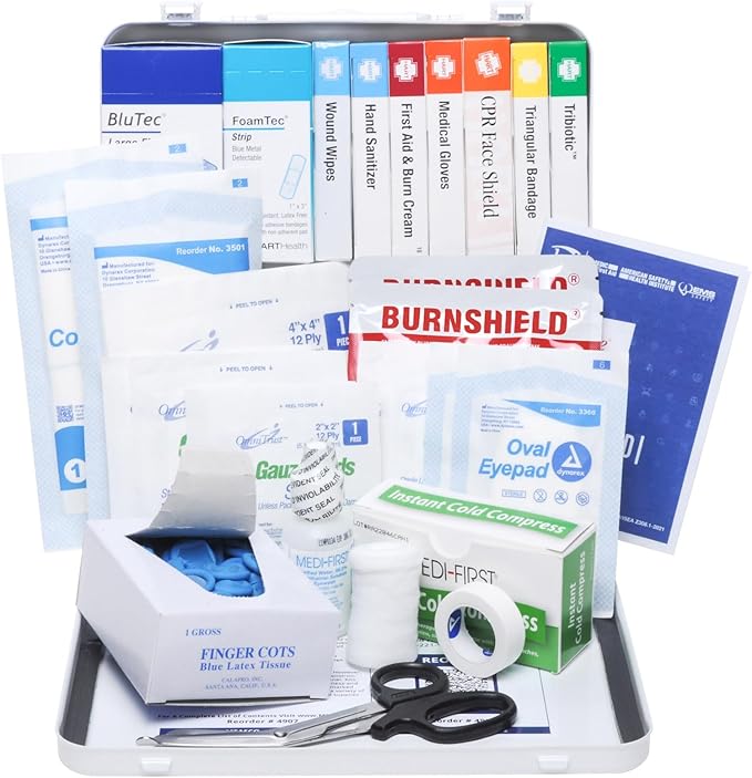 MFASCO Restaurant 2021 OSHA Compliant Class A First Aid Kit - Metal Box for Food Trucks & Catering - Carry or Mount - Easy Maintenance & Refill - Great for Restaurant & Industrial Settings - 283 Pcs