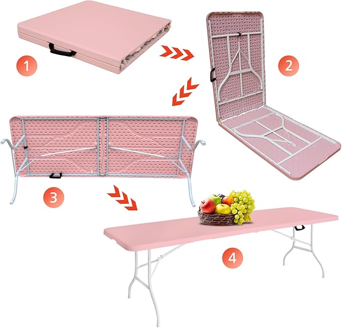 Portable 8Ft Plastic Folding Table, Heavy Duty 8ft Fold-in-Half Table with Carrying Handle, 8' Folding Utility Foldable Table for Picnic Party Camping Kitchen, Indoor/Outdoor (Pink)