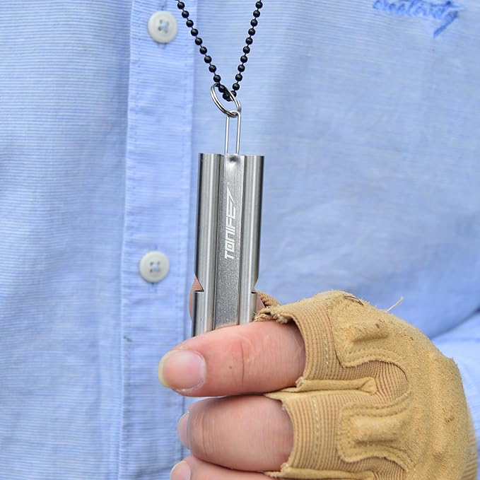 TONIFE Double-Tube Whistle Emergency Whistle with Ball Chain, Survival Whistle Stainless Steel Outdoor Loud Emergency Whistle for Camping Hiking Boating