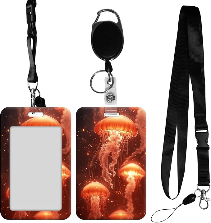 ID Badge Holder with Retractable Lanyard for Women & Men,Vertical ID Card Holder Wallet,Clear Window&Card Slot,Detachable Neck Strap for Nurse Teacher Office,Golden Jellyfish Glow