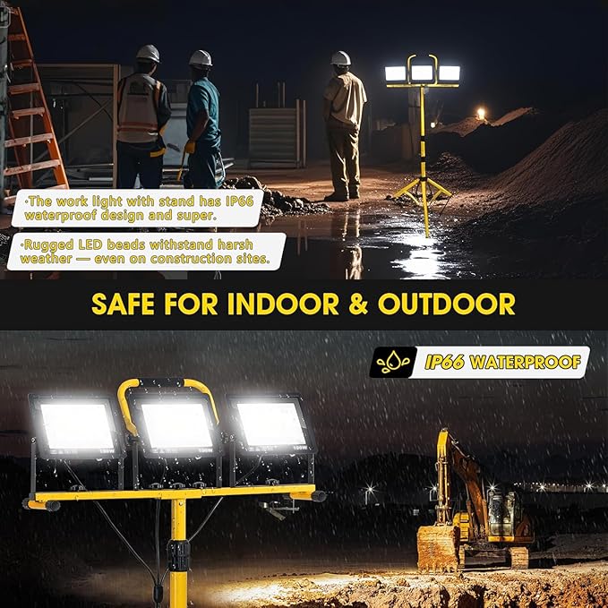 32000LM LED Work Light with Tripod, 3x100W 3-Head Floodlight, Plug-in 120V, 3 CCT 3000K/5000K/6500K, 360° Adjustable, IP66, 43.7-65.4 in, 16.4 ft Cord, Portable Telescoping Stand for Jobsite/Workshop