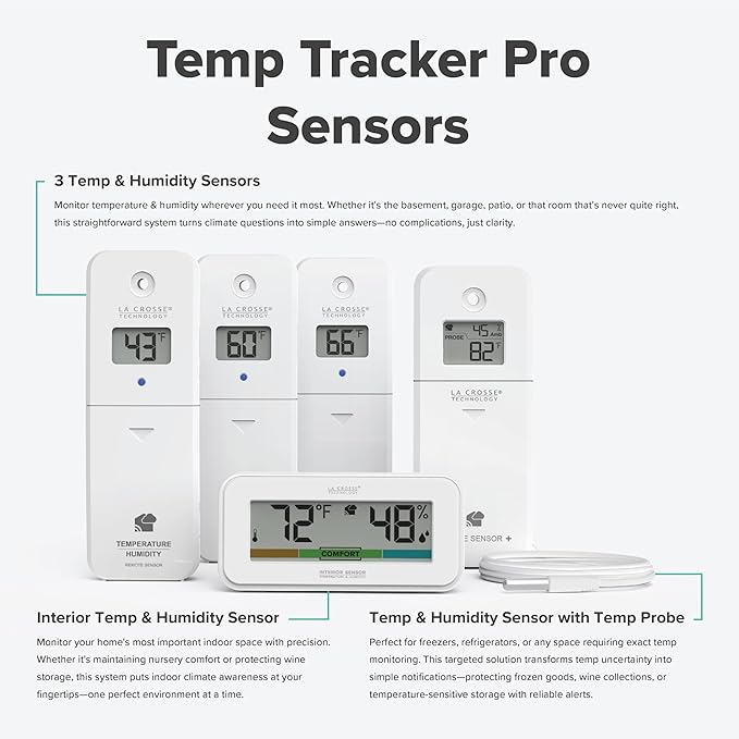 Temp Tracker Pro Wi-Fi Alert System: Bridge Gateway, 3 in/Out Temp. and Humidity, a Temperature Probe with Ambient Temp. and Humidity, Interior Temp. and Humidity Display with Comfort Meter