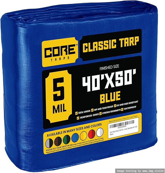 Core Tarps Classic 5 Mil Tarp Cover, Waterproof, UV Resistant, Rip and Tear Proof, Poly Tarpaulin with Reinforced Edges for Roof, Camping, Patio, Pool Cover, Boat (Blue 40′ X 50′)