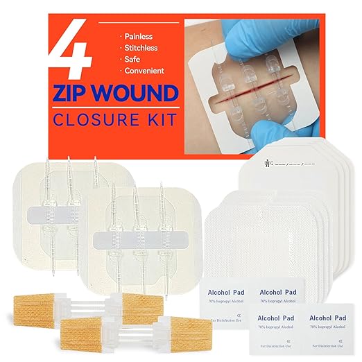 Emergency Laceration Closures, Zipstitch Wound Closure Device (4 Set) - 2 Types Laceration Repair Without Stitches, Easy to Use Wound Closure Kit for Home, Outdoors