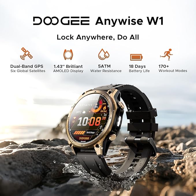 DOOGEE Anywise W1 Smart Watch 5ATM Waterproof Dual-Band GPS Fitness Tracker, 1.43'' AMOLED Screen Men Watches for Android and iPhone, 170+ Sports Modes, Bluetooth Call/18 Days Battery/2 Straps