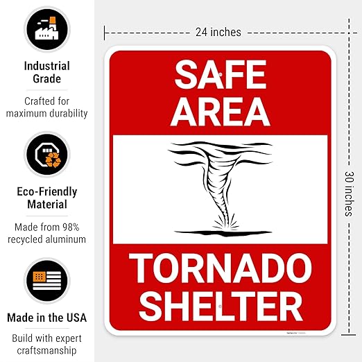 Safe Area Tornado Shelter Sign, 24x30 Inches, Rust Free .063 Aluminum, Fade Resistant, Made in USA by Sigo Signs