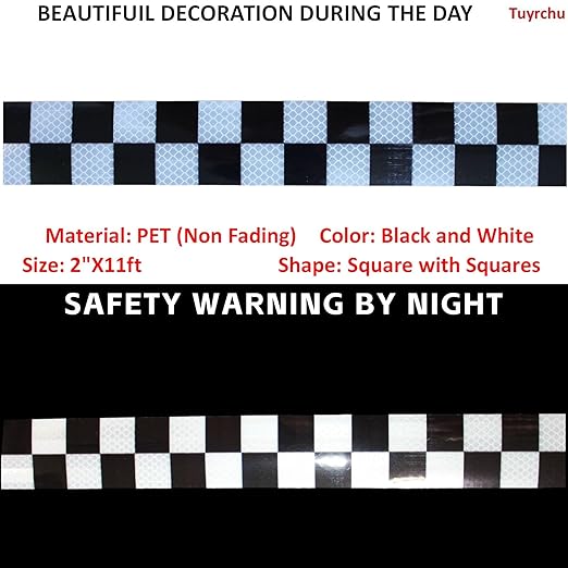 Reflective Tape Black and White 2 inch Wide for Trucks, Outdoor Waterproof High Visibility Safety Warning Sticker Strips (11 feet)
