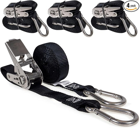 US Cargo Control Stainless Steel Ratchet Straps with Carabiner Hooks 1" X 10' (4-Pack), 500 LBS Break Strength, Marine Tie Down Straps for Boats, ATVs, Trees, Camping, Snow & Saltwater Applications