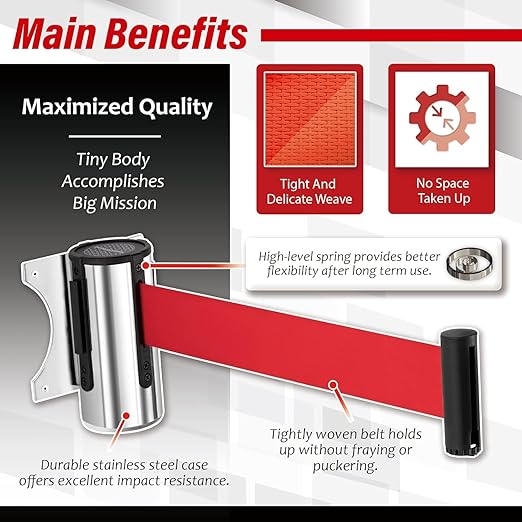 DuraSteel Wall Mount Crowd Control Retractable Belt Barrier - 9.2 Ft Red Retractables Barrier Belt w/Stainless Steel Casing - Do Not Enter Crowd Control Barriers NOT Stanchions with Retractable Belts