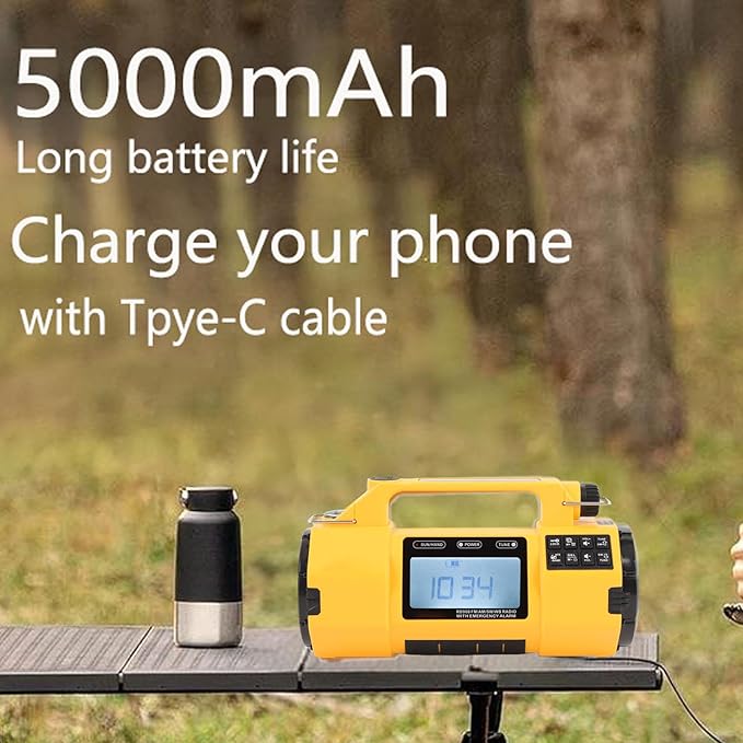 Yoidesu Emergency Radio, 5000mAh NOAA Emergency Weather Radio, Hand Crank Emergency Radio with AM/FM/SW/NOAA Weather Alert, Flashlight, Reading Lamp, Cell Phone Charger