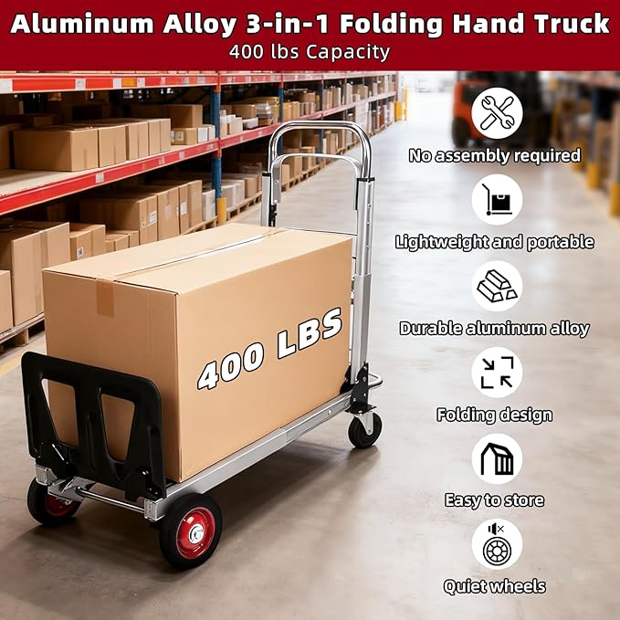 Aluminum 3 in 1 Folding Hand Truck, 400Lbs Capacity, Heavy Duty Collapsible Cart with Retractable Handle and 4 Rubber Wheels, 2 Safety Straps, Moving Dolly for Moving Home, Office, Shopping, Warehouse