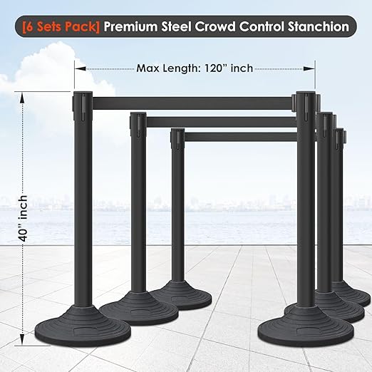 6 Pack Premium Crowd Control Stanchion Set, 40" H Delineator Post with 10' Feet Retractable Belt, Heavy-Duty Base, Safety Rope Barriers for Traffic Queue (Heavy Rubber Base, Black)