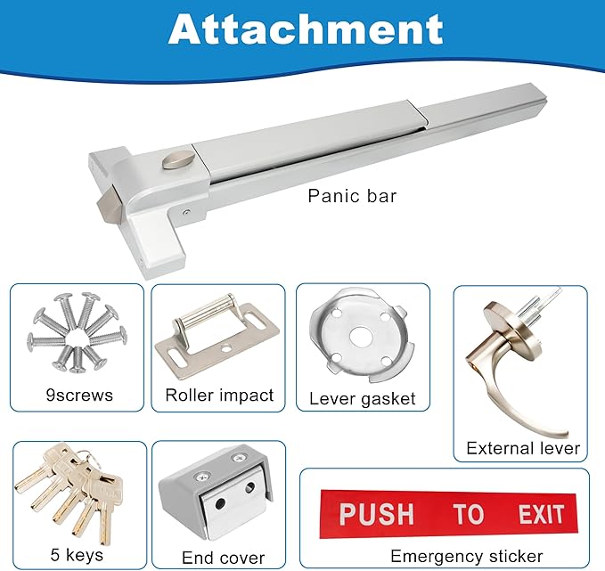 Push Bar Panic Exit Device - 27.5" Long, with Exterior Lever, Commercial Door Lock for 28-41" Wood/Metal Exit Doors