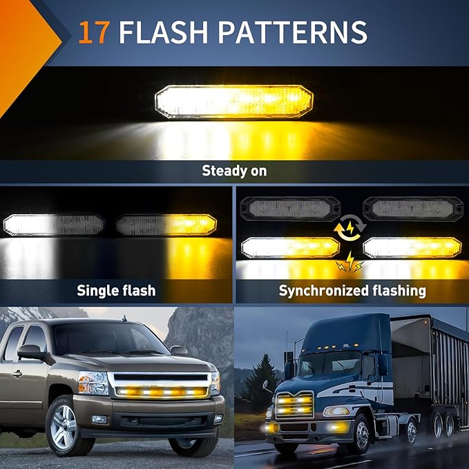Nilight 4PCS 6LED Amber White Emergency Strobe lights 12V 24V Surface Mount Flashing Warning Hazard Light Ultra Slim Sync Feature Grille for Cars Trucks Van Off Road Vehicles SUV