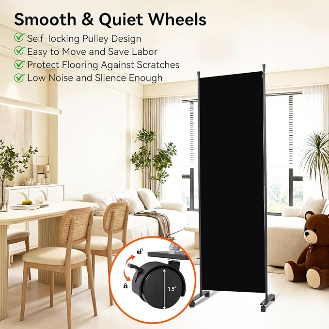 Room Divider 22''W Wall Divider for Room Partition (Heavy Duty Base) 1 Panel Partition Room Dividers, Freestanding Room Divider Screen Separation W/Wheels Folding Privacy Screen Panel Space Separator