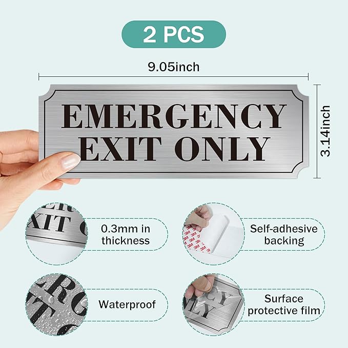 2PCS Emergency Exit Only Signs Sticker，Self Adhesive Water & Fade Resistant Black Silver Exit Only in Emergency Sign for Business, Schools, Offices, Storage Rooms, Hospitals