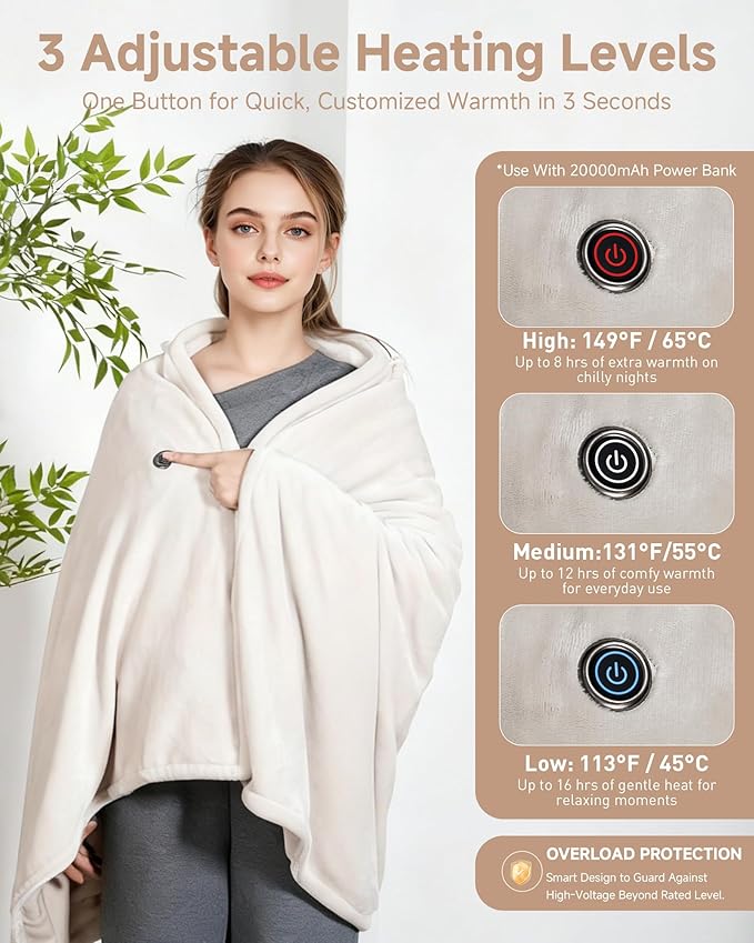 Cordless Heated Blanket with Hood, USB Battery Powered Heated Wearable Blanket with 9 Heating Zones, 20000 mAh Power Bank, 3 Levels, Portable Heated Throw Blanket, Heated Shawl, Camping Blanket, Gift