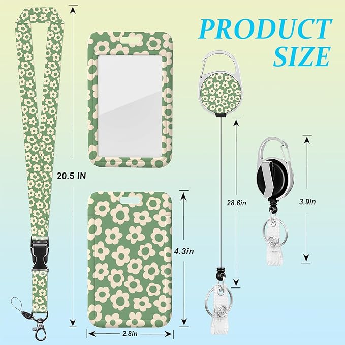 Badge Holder Cute Vintage Groovy Flowers Floral Tropical Green ID Lanyard Retractable Badge Reel Clip Lanyard Name Card Vertical ID Protector Holder Keychain Name Badge Clip for Women Men