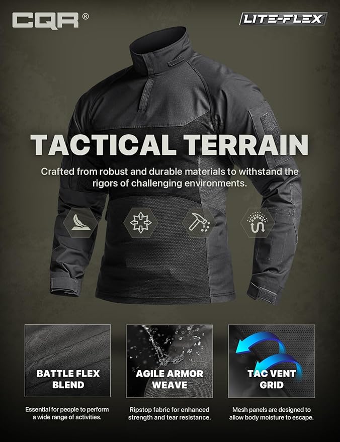 CQR Men's Combat Shirt Tactical 1/4 Zip Long Sleeve Military BDU Shirts Camo EDC Top with Pockets