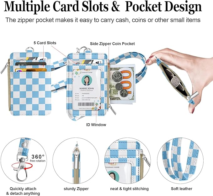 bolimoss Checkered Lanyard Wallet for Women, ID Badge Holder with Zipper Pocket Breakaway Neck Lanyard, Pu Leather Keychain Wallet Office Worker Teacher Student Nurse Gift