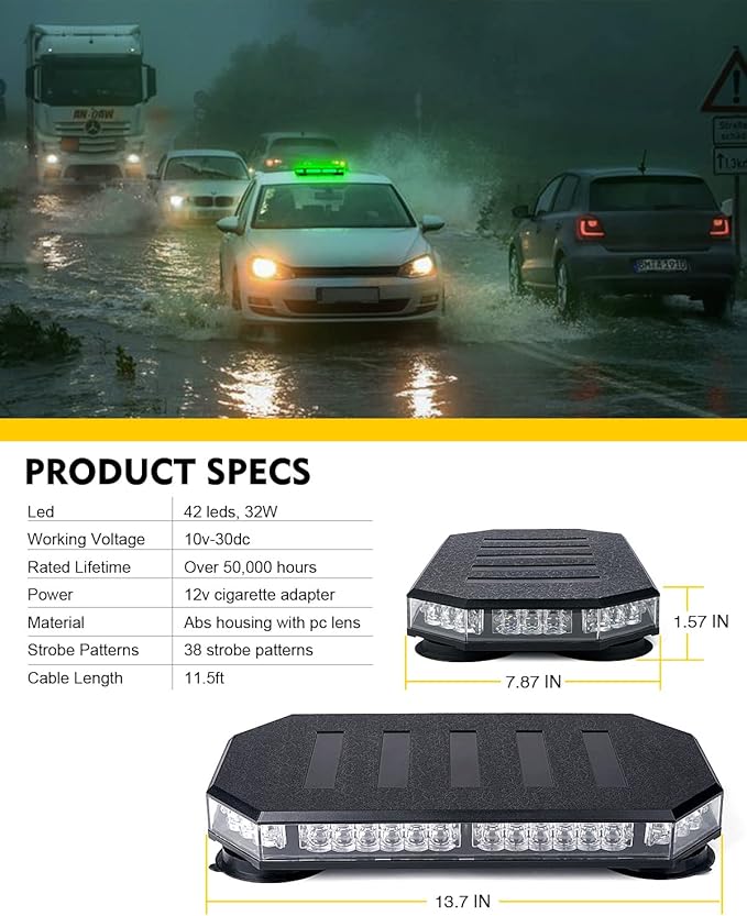 LUMENIX 42 LED Roof Top Strobe Beacon Light Bar Hazard Warning Emergency Flashing Plow Lights with Controller for Law Enforcement POV Vehicles Tow Trucks Snowplow Postal Cars Green (Patent Design)