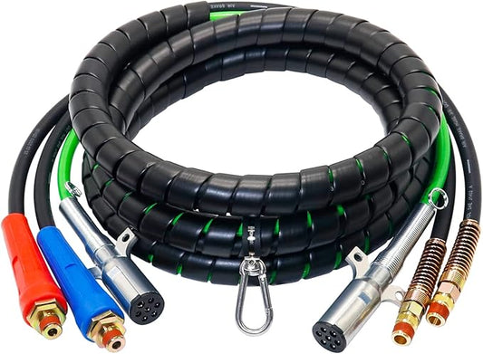 15FT Air Line Hose Kit, 3-in-1 ABS & Power Airline Air Hose Kit for Semi Truck Tractor Trailer, 7 Way Plug Electrical Cord Cable and Rubber Air Lines Hose Assembly Ki