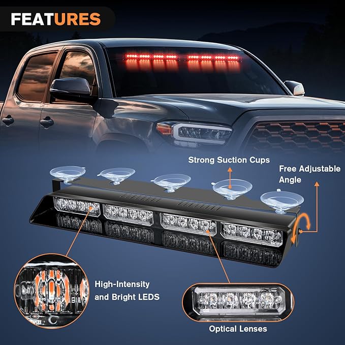 Nilight 32LED Red Emergency Dash Strobe Lights with Controller Suction Cups Warning Hazard Interior Front/Rear Windshield Deck Split Light Bar for Trucks Construction Vehicles
