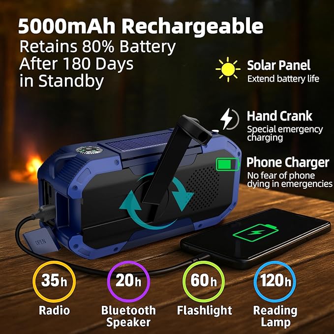 KAYINOW Emergency NOAA Weather Radio, Solar Hand Crank FM AM Radio with Bluetooth Speaker, 5000mAh Battery Powered Phone Charger, Flashlight, IPX5 Waterproof, SOS Alarm for Survival Hurricane Camping