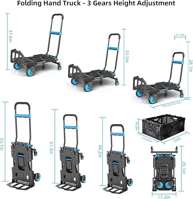 Folding Hand Truck, 330 lbs Max Capacity Portable Hand Cart, 2-in-1 Heavy Duty Foldable Dolly Cart with Adjustable Retractable Handle for Luggage, Moving, Shopping, Office,Travel Use