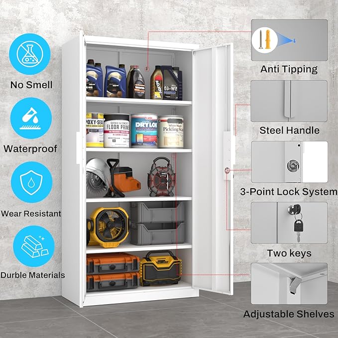 Metal Garage Storage Cabinet with Lock, 71" Tall Steel Storage Locker with 4 Adjustable Shelves, Heavy Duty Metal Cabinet for Garage, Office, Home, 31.5”W × 16.5”D, White